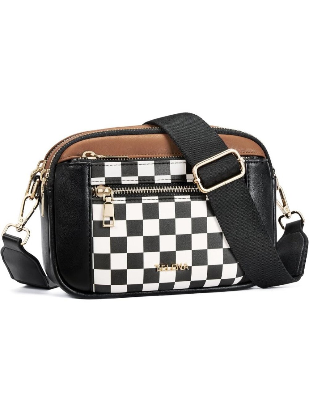 Women's Beige Black Vegan Leather Purse Adjustable Wide Strap Crossbody Bag - Picture 1 of 6